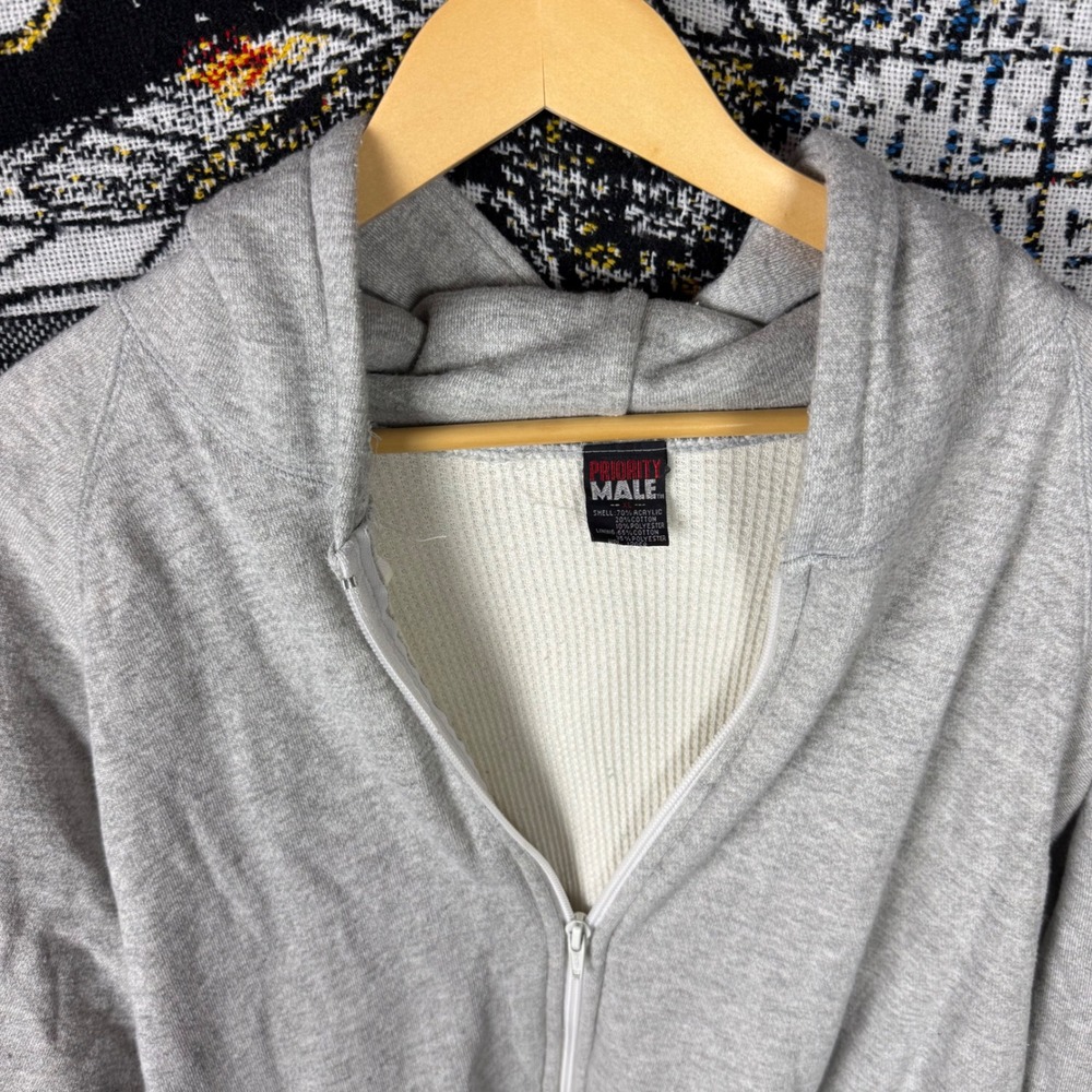 Vintage Priority Male Grey Zip Up Hoodie Waffle Lined Thermal Sweatshirt XL